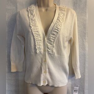 IZ Byer California Cream Ruffled Cardigan sweater NWT Sz-XL. W4